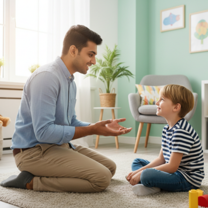 Occupational therapist carrying out an assessment of need with a small boy