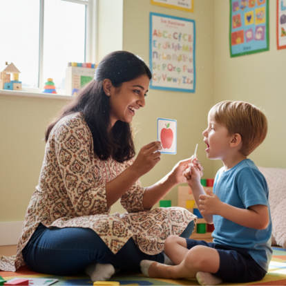 Speech and language therapist working with a young boy